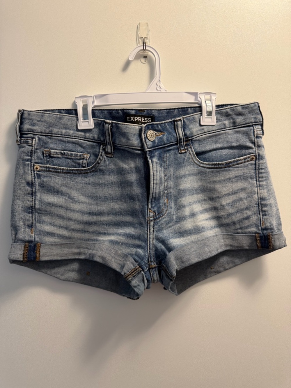 Express Light Wash Denim Roll-Hem Shortie Shorts